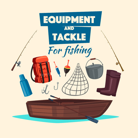 Fishing and fisherman tackle equipment set vector icons of rod, paddle boat, rubber boots, backpack, thermos flask, hooks, bait, float bobber, net or scoop-net, bowler pot for big fish catchのイラスト素材