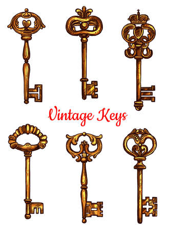 Vintage keys of brass sketch icons. Set of metal bronze lock key symbols with antique or medieval ornate bow and wards. Lever-type heraldic keys for coat of arms or heraldry shieldのイラスト素材