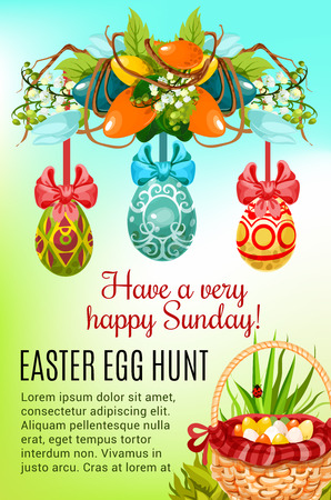 Easter egg hunt festive poster. Easter egg hunt basket on green grass and painted Easter egg with ribbon bow hanging on floral wreath with spring flowers and decorated eggs for greeting card designのイラスト素材