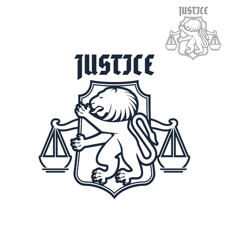 Legal icon or justice and law emblem of heraldic lion and justice scales on shield. Advocacy and legal center symbol or sign for advocate and justice attorney office, counsel and notaryのイラスト素材