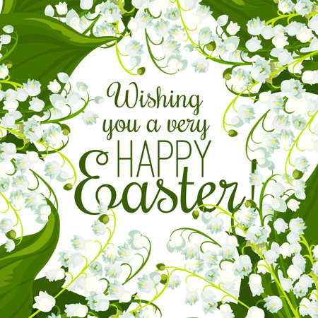 Easter spring flowers greeting card. Floral background with blooming flowers of lily of the valley and green leaves. Easter Sunday, Eastertide festive poster designのイラスト素材