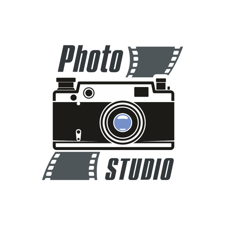 Camera and photo film icon of retro photograph camera with flash light, photo capture lens. Isolated emblem or sign for photography or photographer school and studioのイラスト素材