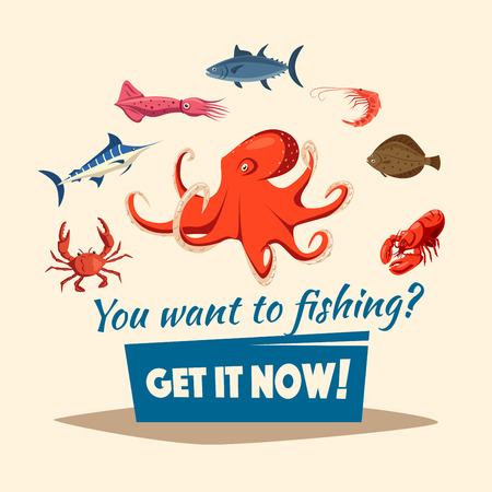Fishing poster of fishes and marine seafood mollusks octopus and crab or crayfish, lobster and flounder, shrimp or prawn and marlin, tuna and squid. Fisherman or fisher trip catchのイラスト素材