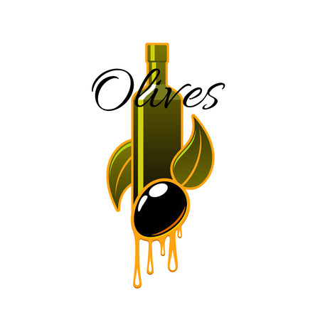 Olive oil of fresh black olives icon of bottle and dripping drops, olive-tree branch with green leaves and ripe olive fruits for olive oil product label or emblemのイラスト素材