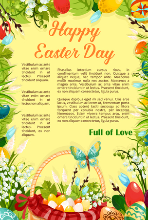 Easter Day, Egg Hunt celebration cartoon poster template with spring flower frame. Egg hunt basket with coloured easter eggs on green grass meadow with lily and snowdrop flower, willow tree branchesのイラスト素材