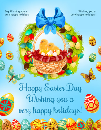 Easter spring holiday and egg hunt celebration cartoon poster. Basket with Easter eggs and chicken chicks, encircled by floral Easter wreath with ribbon bow and butterflies on spring sky backgroundのイラスト素材