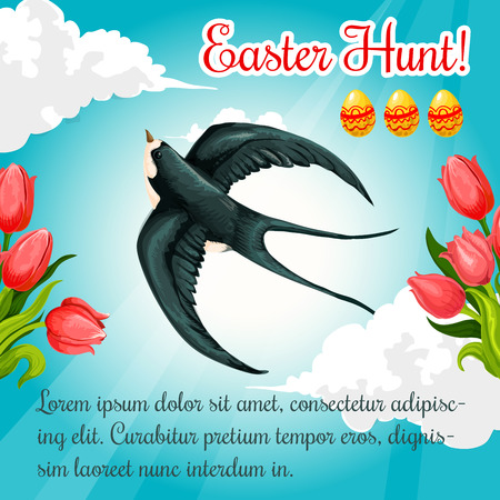 Easter Hunt greeting poster or card template with swallow bird in blue sky, paschal eggs and springtime holiday tulip flowers. Vector catholic or orthodox Resurrection Sunday spring holiday cardのイラスト素材