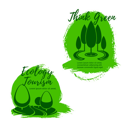 Ecology and ecotourism icon set. Green park or garden alleys with trees and grass lawns. Green travel symbol, ecology and environment conservation label, eco friendly lifestyle designのイラスト素材