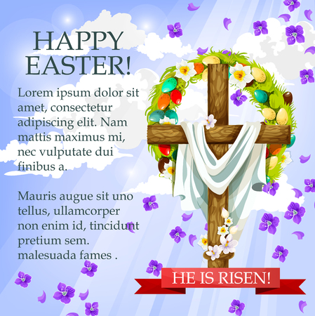 Easter cross with flowers cartoon festive poster. Easter Sunday crucifix with floral wreath of Easter egg and narcissus flower on blue spring sky background. He Is Risen greeting card designのイラスト素材