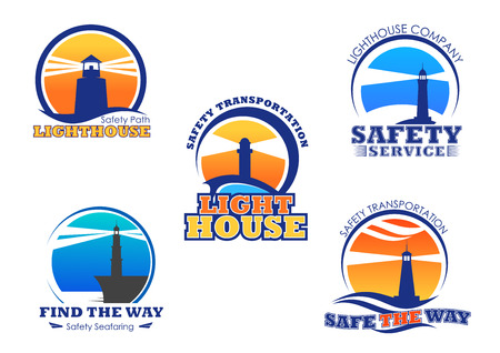 Lighthouse icons for safety seafaring company. Vector nautical or marine beacon lights set of isolated symbols for ship safe navigation and transportationのイラスト素材