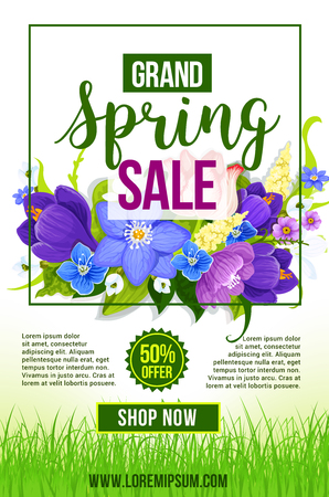 Spring Sale poster with flowers design of crocuses, daffodils and lilies floral bouquet. Vector template frame for 50 percent discount springtime holiday online web store shoppingのイラスト素材