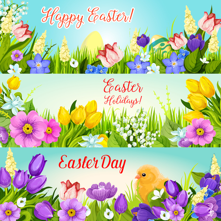 Easter banners paschal egg, flowers vector setのイラスト素材