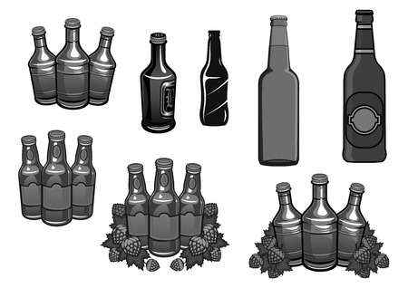 Beer bottles and hops brewery vector icons setのイラスト素材