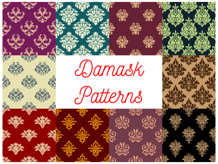 Victorian floral damask seamless pattern set. Flourish ornament with flower and leaf scroll motif. Wallpaper, interior textile, embellishment designのイラスト素材
