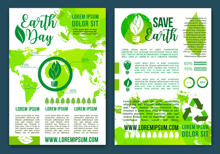 Save Earth infographics brochure with vector elements of world map on energy consumption and ecology pollution. Environment conservation and green recycling concept with graphs, charts and diagramsのイラスト素材