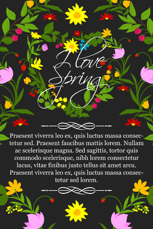 Spring greeting card of flowers heart. Vector springtime holiday wishes and floral design of garden blooming spring flowers or forest strawberry and raspberry berries. I Love Spring poster designのイラスト素材