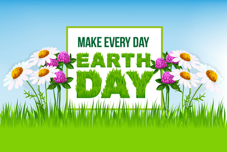 Earth Day poster with green grass and flowersのイラスト素材
