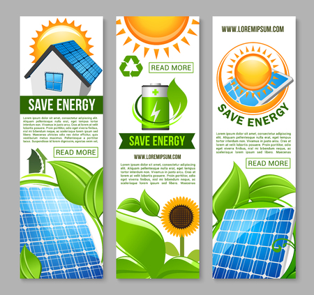 Save energy banner with green house, solar panelのイラスト素材