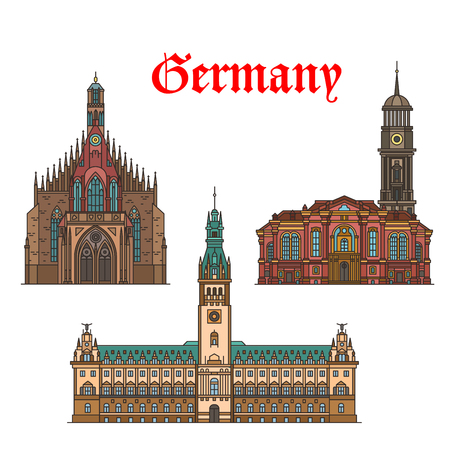 German travel landmarks icon of church, city hallのイラスト素材