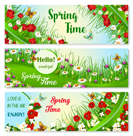 Vector banners with spring time greeting quotesのイラスト素材