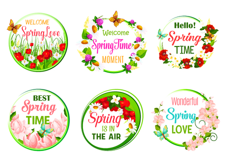 Vector spring time greeting quotes in icons setのイラスト素材