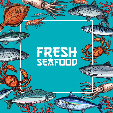 Fresh seafood and fish sketch poster designのイラスト素材