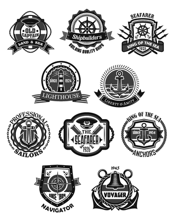 Nautical emblem and marine heraldic badge setのイラスト素材