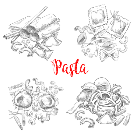 Pasta and Italian macaroni vector sketchのイラスト素材