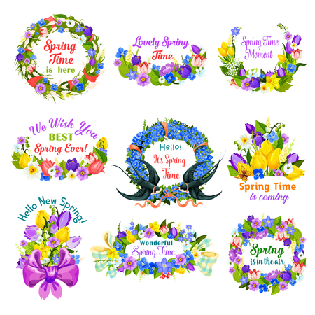 Hello spring floral frame and border icon setのイラスト素材
