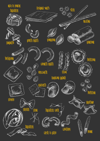 Pasta or macaroni vector chalk sketch icons.のイラスト素材