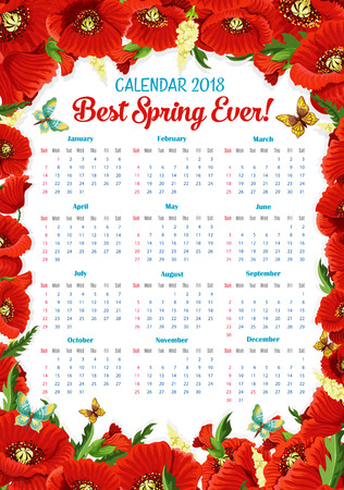 Vector calendar 2018 of spring poppy flowers frameのイラスト素材
