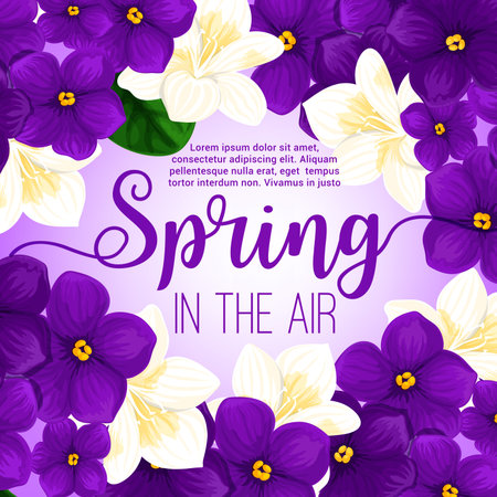 Spring flower frame greeting card. Floral wreath of blooming flowers with crocus, violet and jasmine branches, green leaf and bud for springtime holidays festive poster, spring sale flyer designのイラスト素材