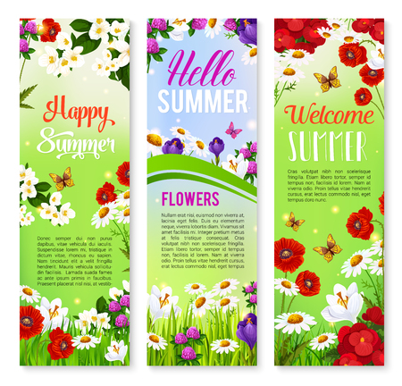 Happy Summer floral greeting banner set designのイラスト素材