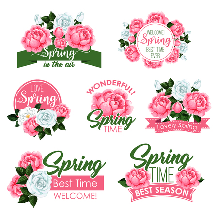 Spring season holidays floral icon set. Spring flowers of rose and peony floral bouquet with green leaves, decorated by ribbon banner with greeting wishes. Springtime holidays themes designのイラスト素材