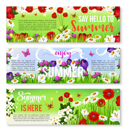 Summer flower greeting banner set designのイラスト素材