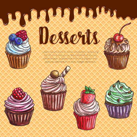 Vector Waffle poster with dessert cupcakesのイラスト素材