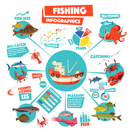 Fishing infographics design with graph, fish, boatのイラスト素材