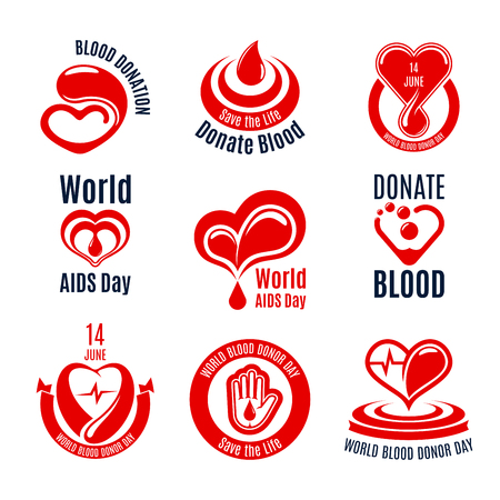 Blood donation icon with red heart, drop and handのイラスト素材