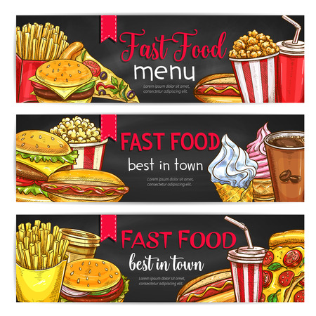 Fast food lunch meal with drinks chalkboard bannerのイラスト素材