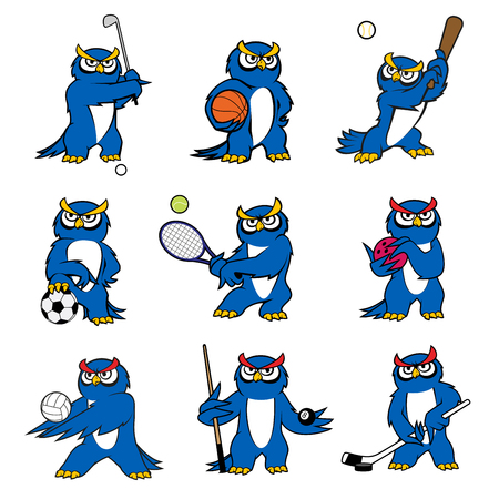 Cartoon owl play sports vector mascot iconsのイラスト素材