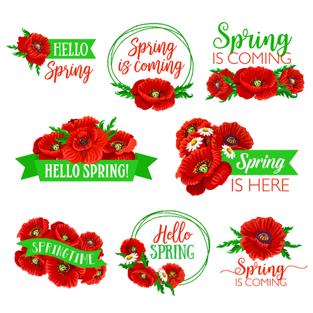 Hello Spring floral symbol set with flower bouquetのイラスト素材
