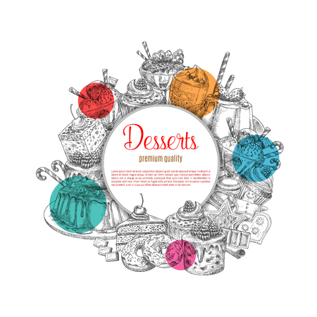 Pastry vector poster of sketch dessert cakesのイラスト素材