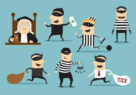 Crime and punishment. Vector thief man characters and judge with gavel for theft or robbery concept. Set of robber burglars with guns in masks stealing money, taxes, credit cards, door keysのイラスト素材