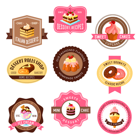 Desserts vector icons for bakery shop and pastry. Chocolate cakes and sweets, donuts and roll pies, tiramisu or brownie tortes and ice cream, wafers, cupcakes and puddings for cafe or cafeteriaのイラスト素材