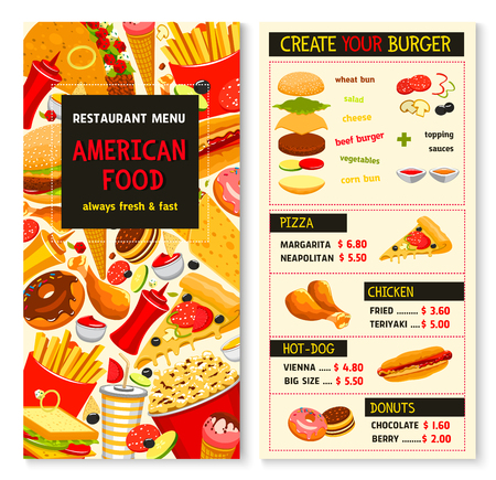 Fast food menu. Vector design for fastfood restaurant. Price for hamburger and french fries combo meal, cheeseburgers and pizza, soda or coffee drinks and ice cream dessert, hot dog and chicken wingsのイラスト素材