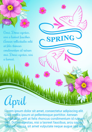 Spring poster design for April holidays. Vector blooming flowers crocuses, narcissus or daffodils and snowdrops on sunny green grass meadow with springtime dove birds for greetingsのイラスト素材