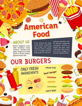 Fast food vector poster of snacks, drinks and meals. Hamburger sandwich and french fries with soda drink, cheeseburger or hot dog and pizza, coffee and ice cream dessert for fastfood restaurant designのイラスト素材