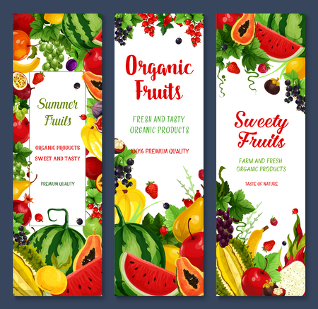 Fresh fruits and berries vector banners. Farm watermelon and peach, tropical papaya and pineapple, apricot, apple and pomegranate, mango, banana, red currant or strawberry and avocadoのイラスト素材