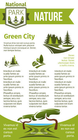 Green city and nature vector poster for eco gardening or urban horticulture and planting company. Design of green village and parkland or woodland trees and greenery squares and parksのイラスト素材