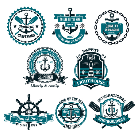 Nautical icons and symbols set. Vector isolated heraldic seafarer ship helm and anchor, lighthouse or life buoy with crossed paddles, captain or sailor navigator compass and voyager trident on chainsのイラスト素材